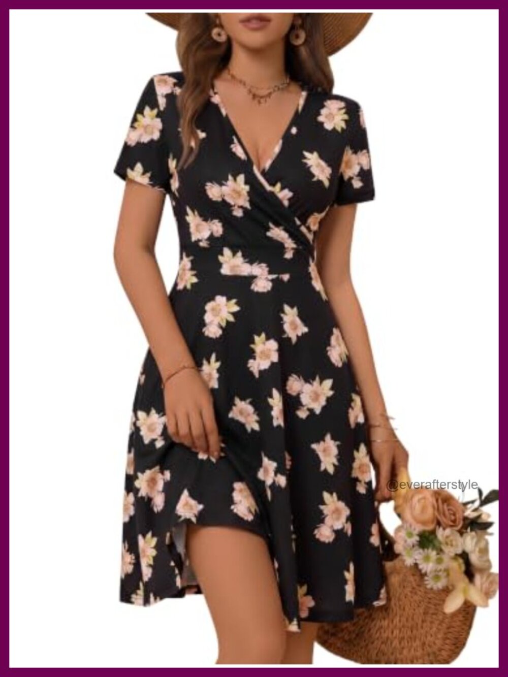 Women's Summer Wrap V-Neck Floral Midi Dress Short Sleeve A-Line Sundress
